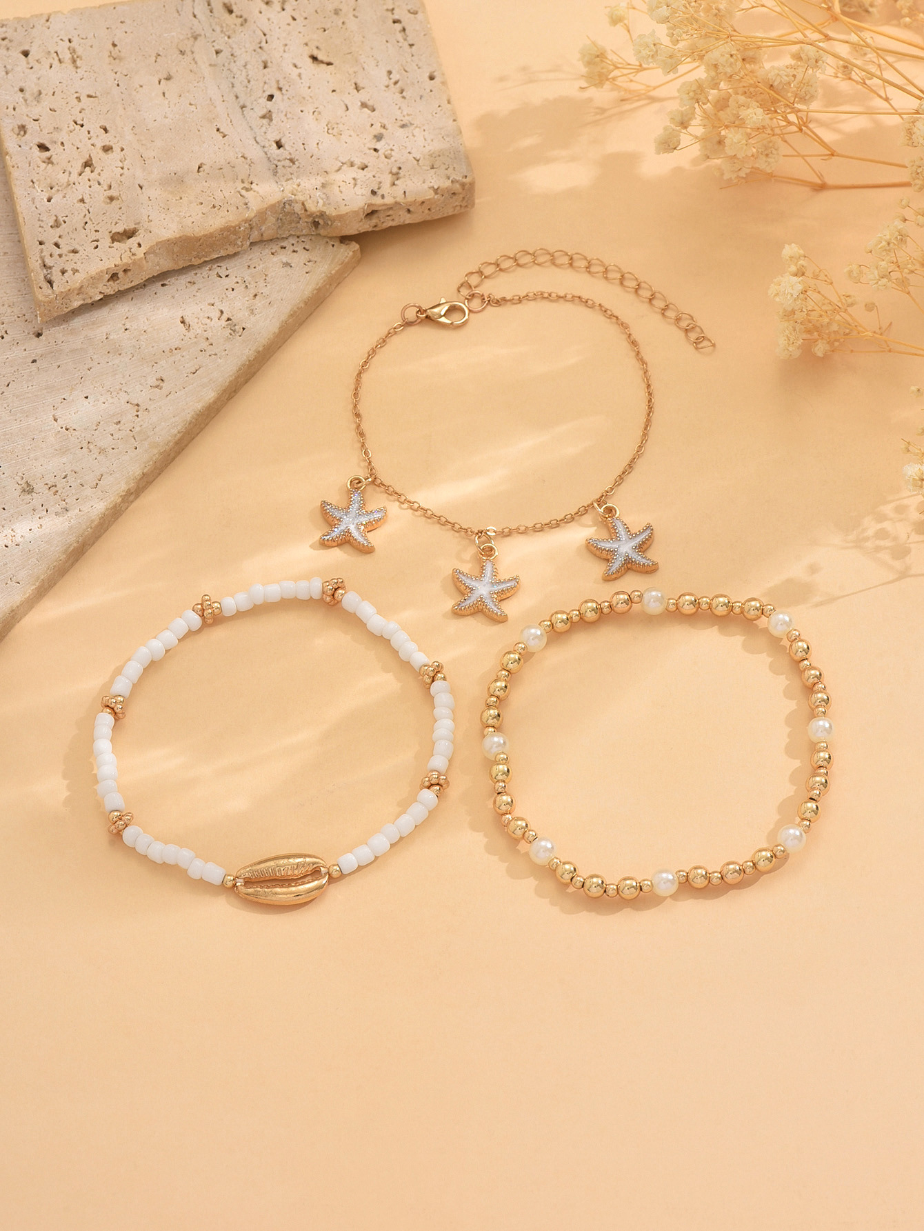 Boho Layered Ankle Bracelet Set With Gold Starfish Charms
